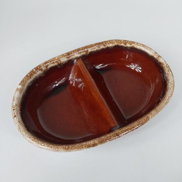 VTG Hull H.P. Co Oven Proof Dish Oval Divided Casserole Brown Drip‎ Pottery USA - Picture 3 of 4